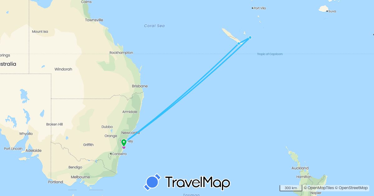 TravelMap itinerary: driving, bus, train, boat in Australia, New Caledonia (Oceania)