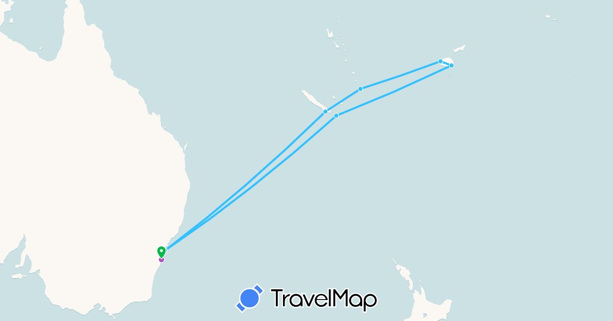 TravelMap itinerary: driving, bus, train, boat in Australia, Fiji, New Caledonia, Vanuatu (Oceania)